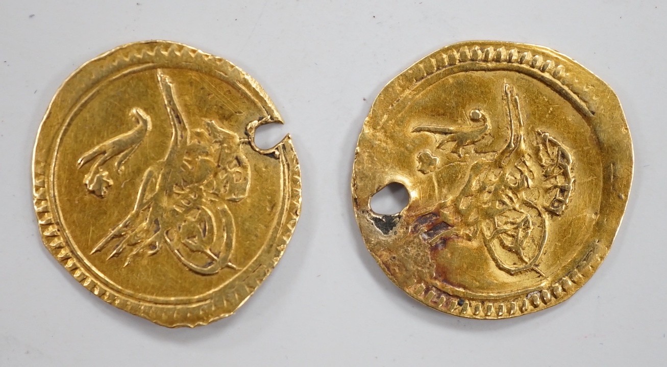 Two Ottoman pierced gold coins, each 0.7g